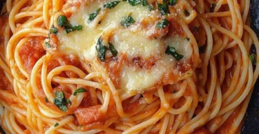 Spaghetti mit Tomaten-Kokosmilch-Sauce überbacken auf einem Teller