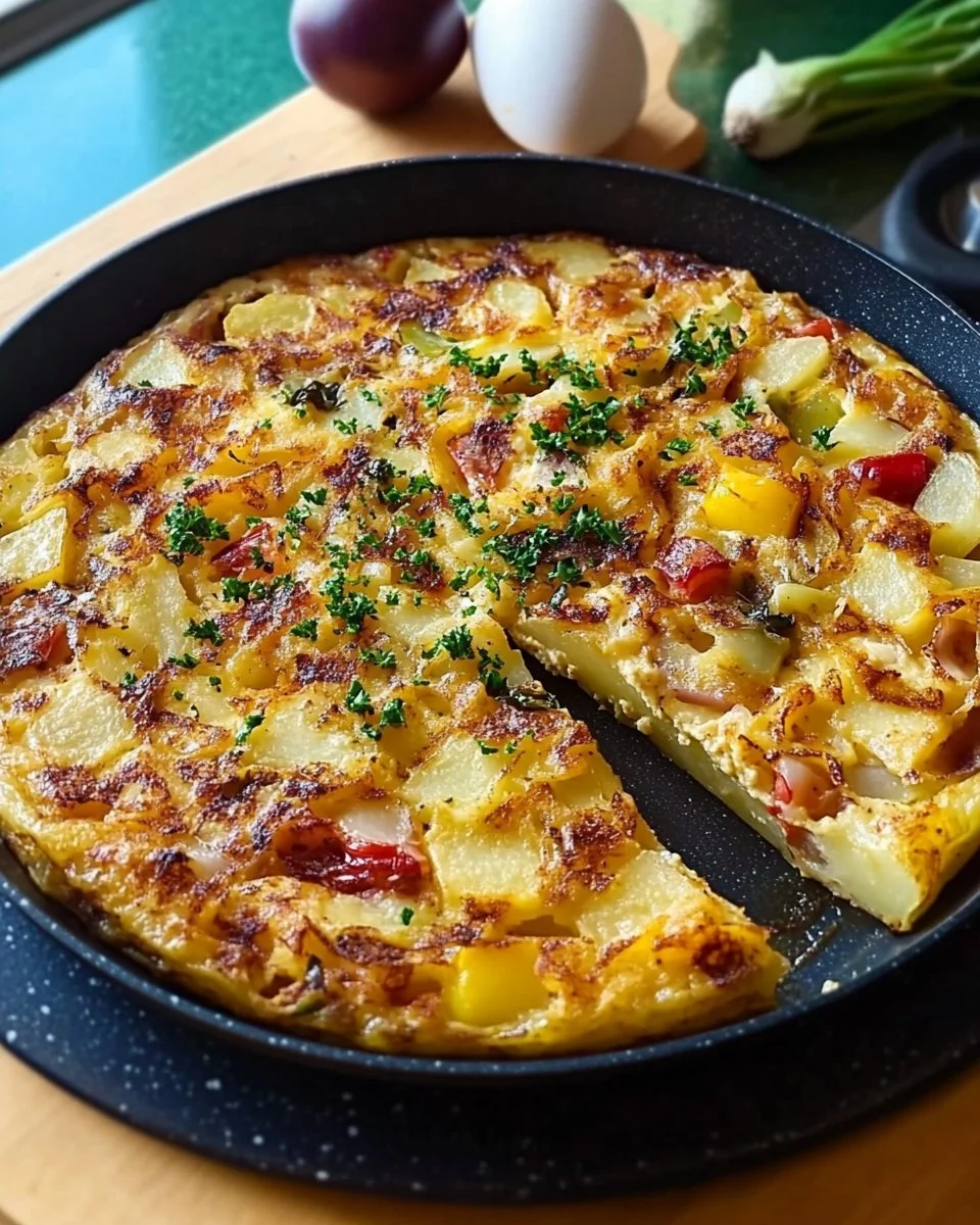 Köstliche spanische Tortilla mit Kartoffeln und Zwiebeln auf einem Teller serviert.