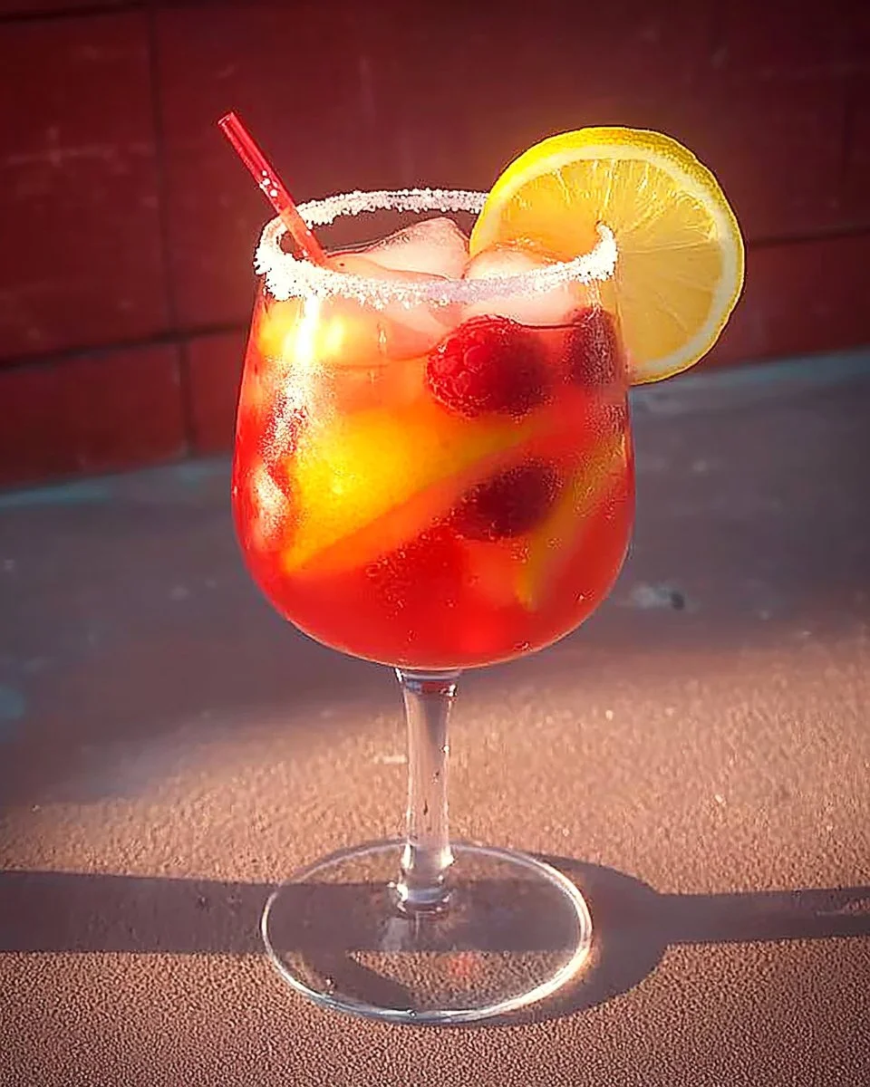 Spanischer Sommernacht-Cocktail in einem dekorativen Glas, an einem Sommerabend serviert