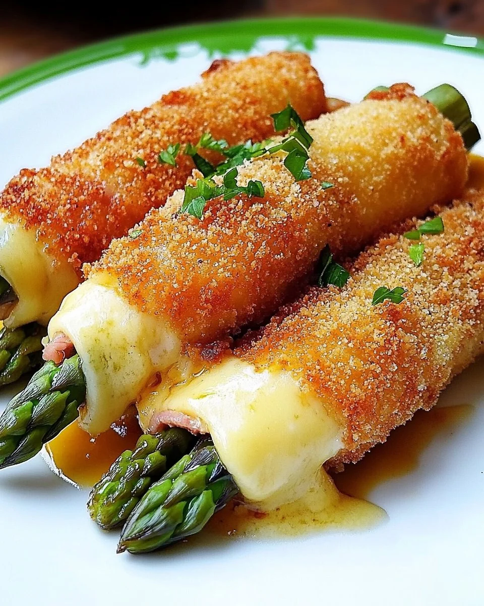 Ein Teller mit Spargel Cordon Bleu, serviert mit einer Beilage.