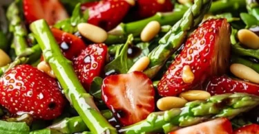 Spargelsalat mit Erdbeeren und Rucola auf einem Teller