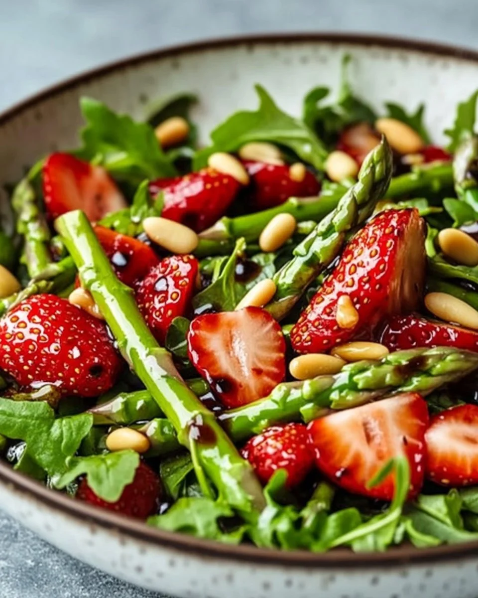 Spargelsalat mit Erdbeeren und Rucola auf einem Teller