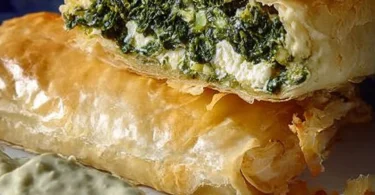 Leckere Portion Spinat-Feta-Strudel auf einem Teller serviert