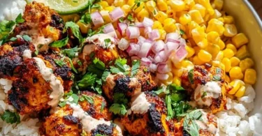 Eine appetitliche Straßenmais-Hühnchen-Reis-Schüssel mit frischen Zutaten.