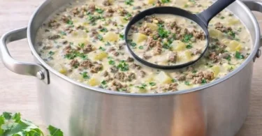Schüssel mit köstlicher Suchtgefährdender Kohlrabi-Hackfleischsuppe