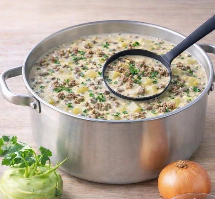 Suchtgefährdende Kohlrabi-Hackfleischsuppe