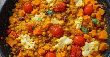 Indische Süßkartoffel-Casserole mit Kichererbsen, Maronen und Lauch