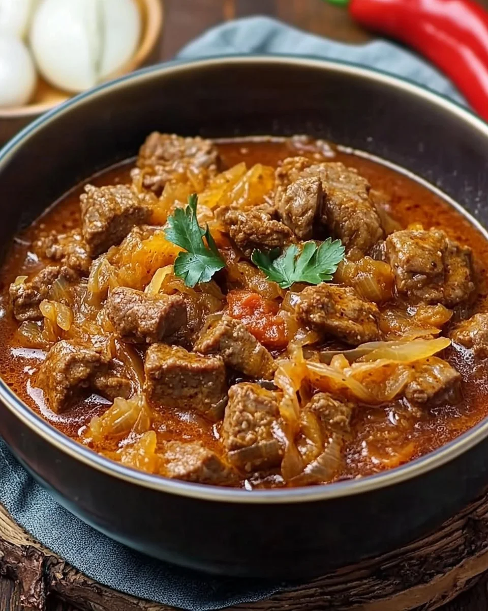 Leckeres Szegediner Gulasch serviert mit Beilagen