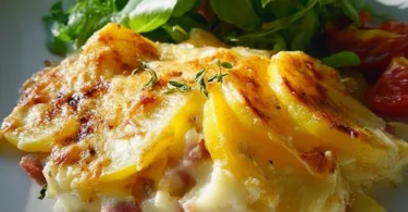 Tartiflette aus Provins mit Kartoffeln, Käse und Speck serviert auf dem Tisch