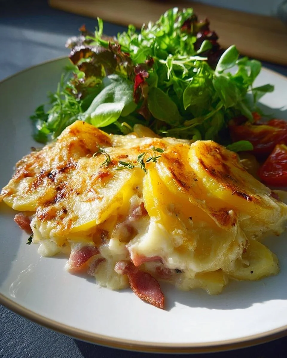 Tartiflette aus Provins mit Kartoffeln, Käse und Speck serviert auf dem Tisch