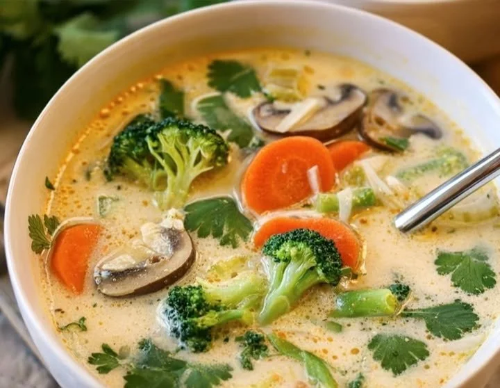 Schüssel mit Thai-Coconut-Suppe und buntem Gemüse