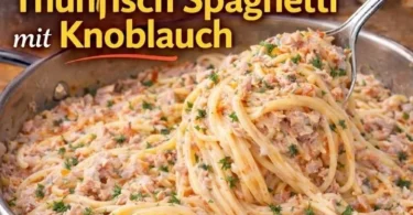 Thunfisch Spaghetti mit Knoblauch auf einem Teller serviert.