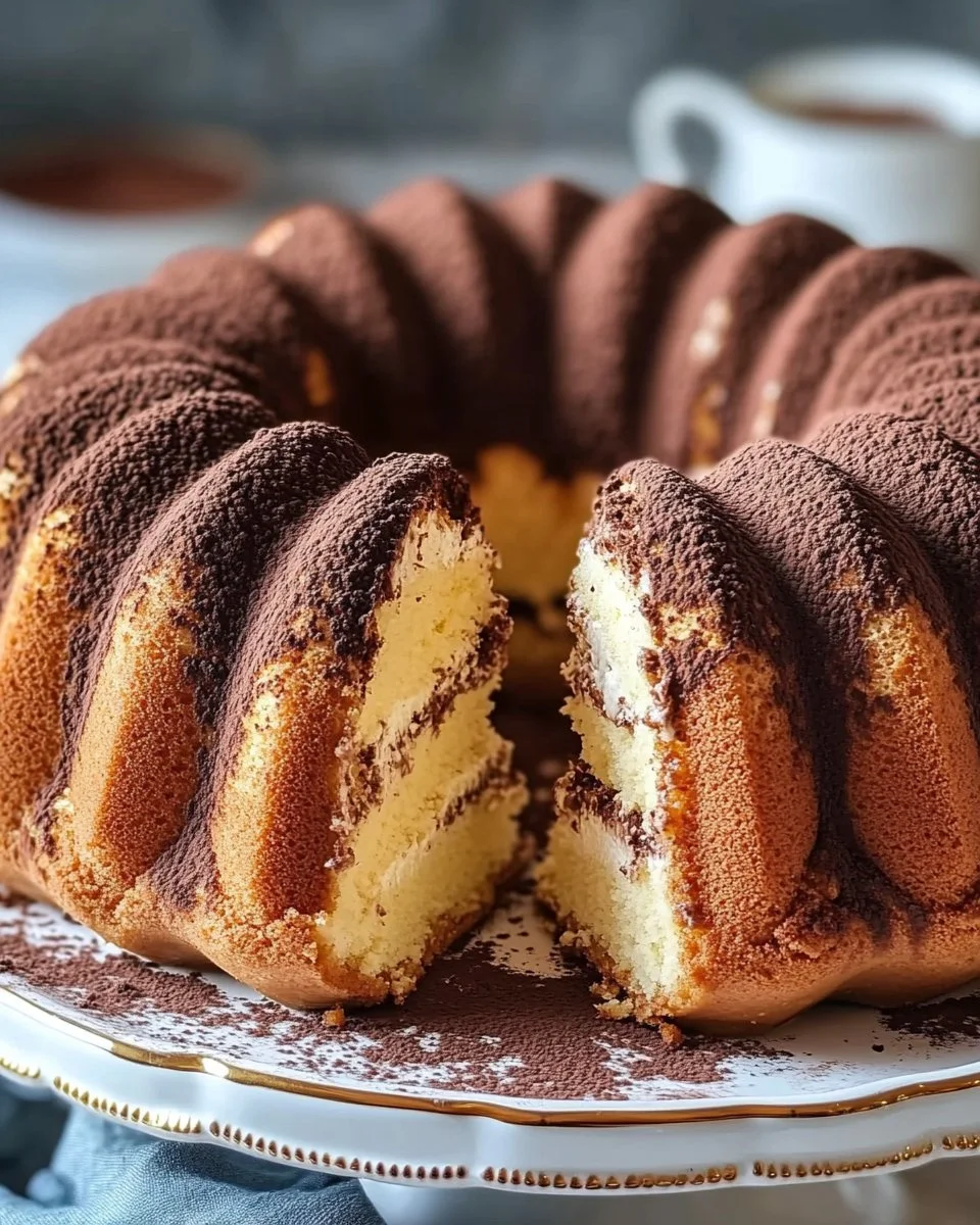Leckerer Tiramisu-Gugelhupf auf einem Teller garniert mit Kakaopulver