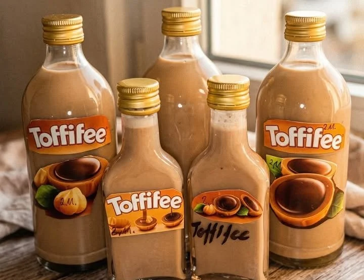 Glas mit Toffifee Likör, umgeben von Toffifee Süßigkeiten