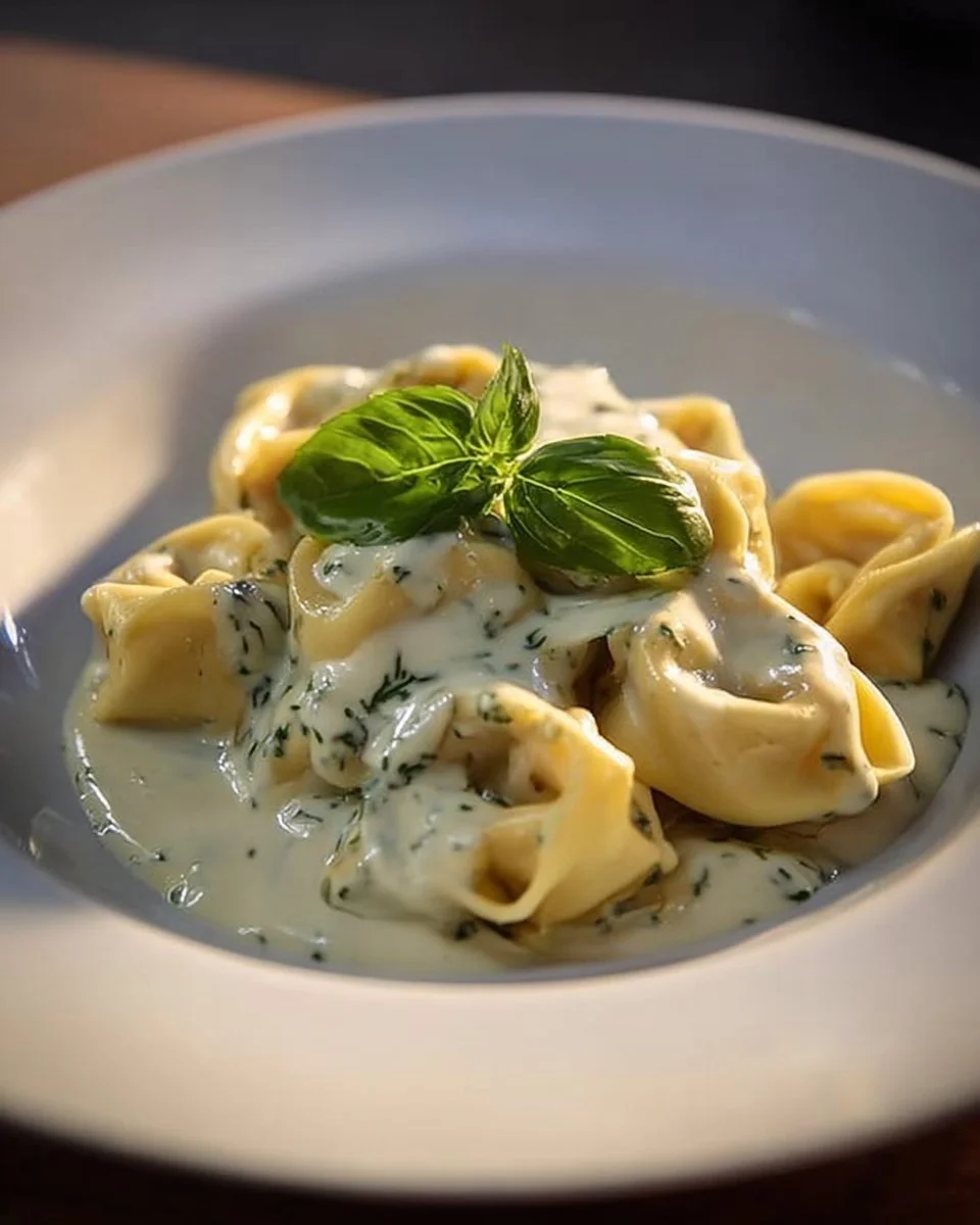 Tortellini mit Kräuter-Käse-Sauce auf einem Teller serviert.
