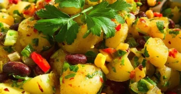 Türkischer Kartoffelsalat mit buntem Gemüse-Mix auf einem Teller