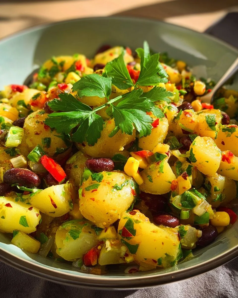 Türkischer Kartoffelsalat mit buntem Gemüse-Mix auf einem Teller