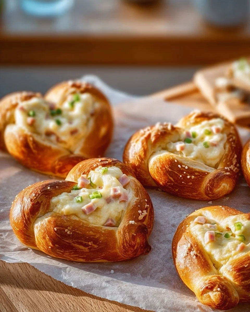 Überbackene Brezeln mit Schmand, Schinken und geschmolzenem Käse