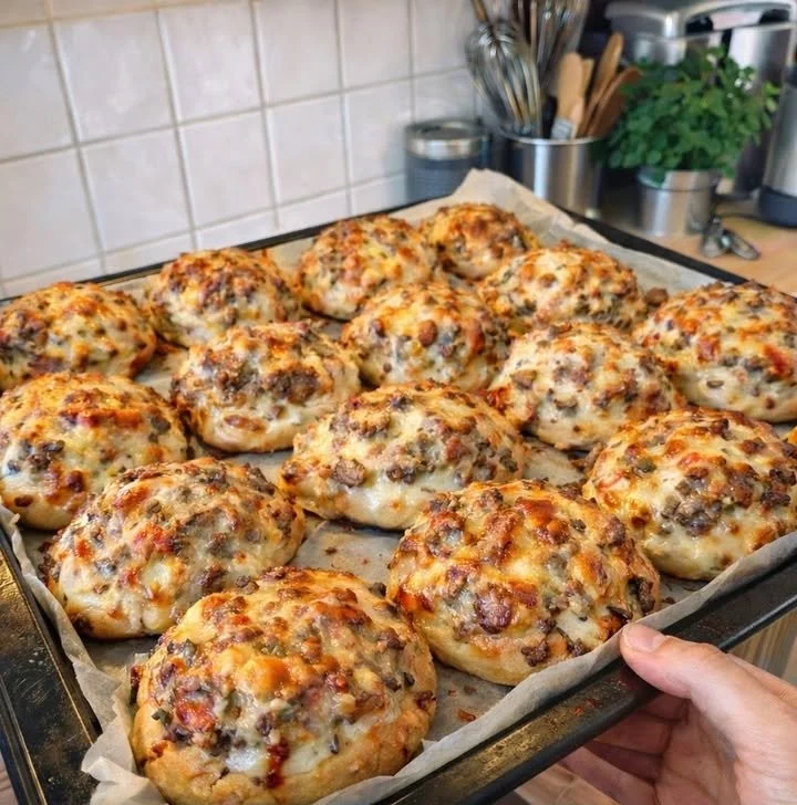 Überbackene Hackfleischbrötchen frisch aus dem Ofen dekoriert mit Käse
