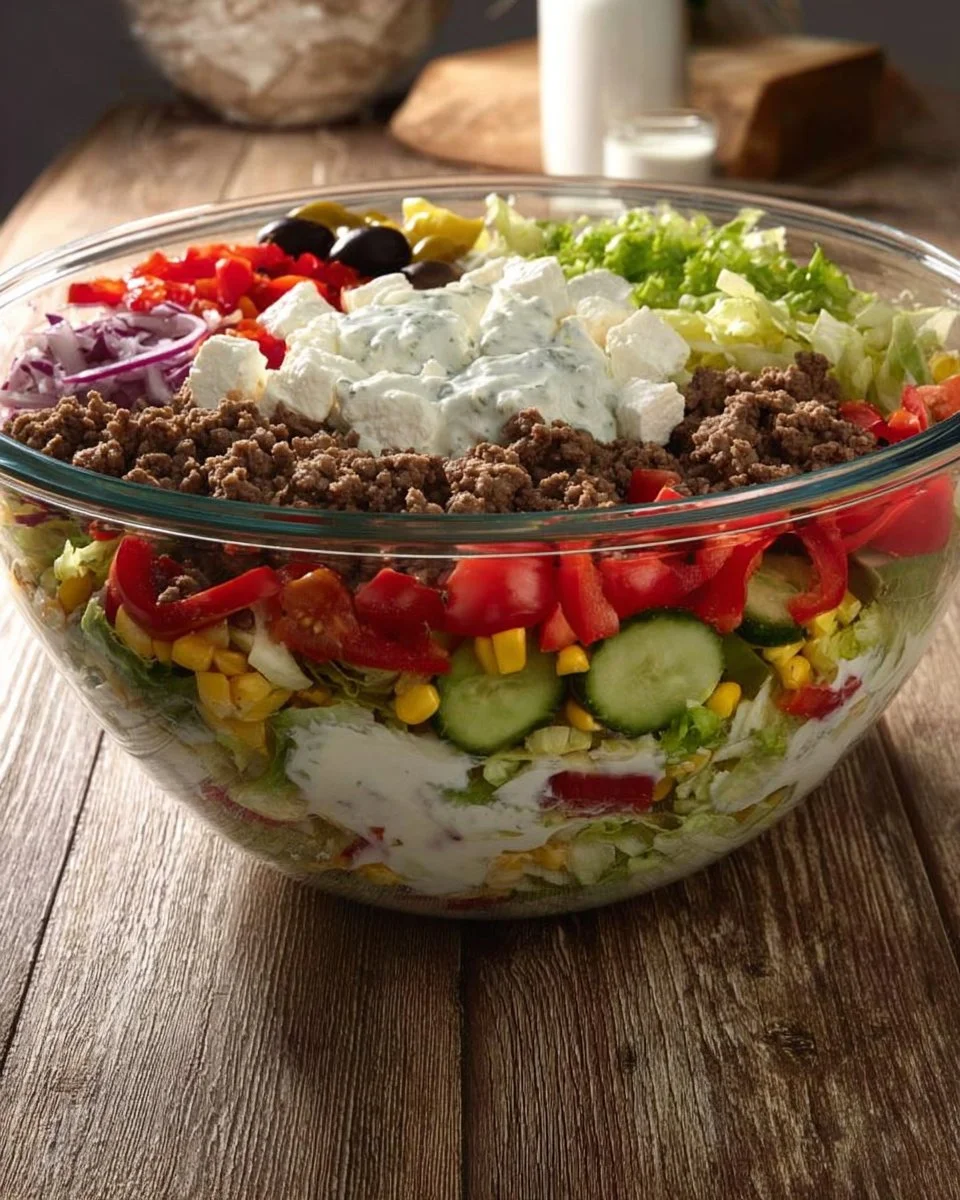 Uschis Griechischer Schichtsalat mit frischen Zutaten und vielen Farben