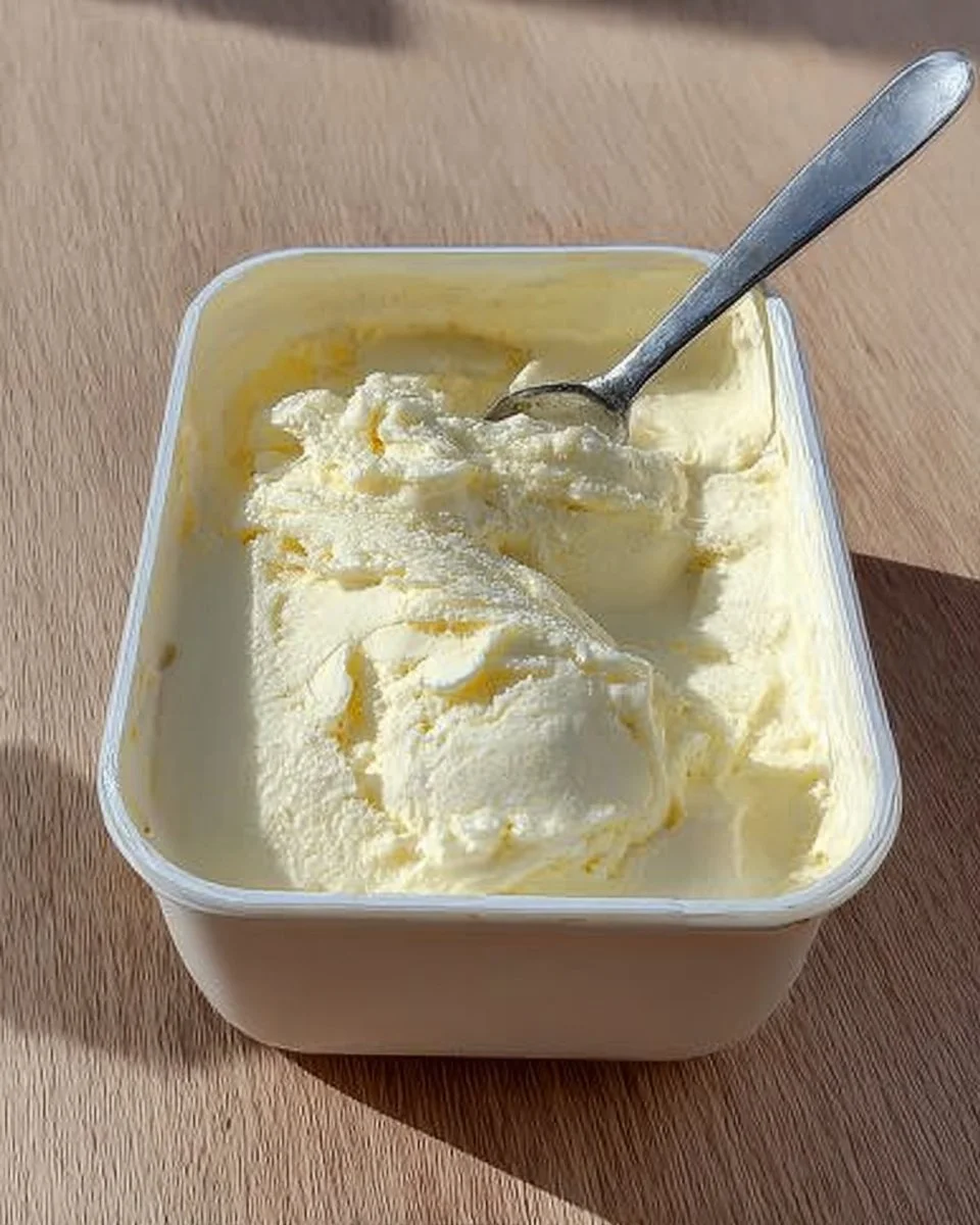 Selbstgemachtes Vanilleeis ohne Eismaschine in einer Schale serviert.