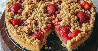 Vegane Erdbeerkuchen Crumble mit frischen Erdbeeren und knusprigem Belag