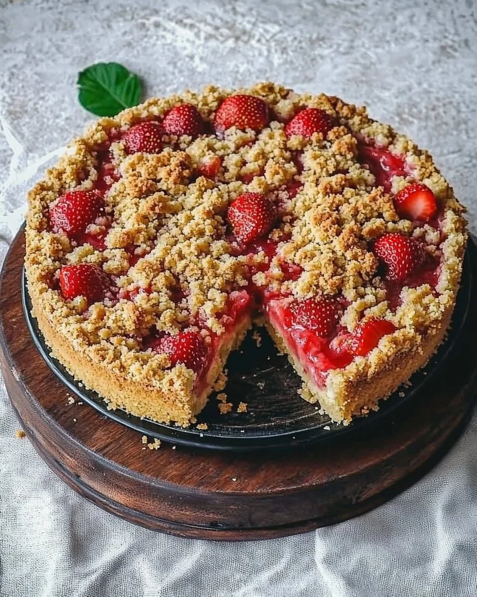 Vegane Erdbeerkuchen Crumble mit frischen Erdbeeren und knusprigem Belag