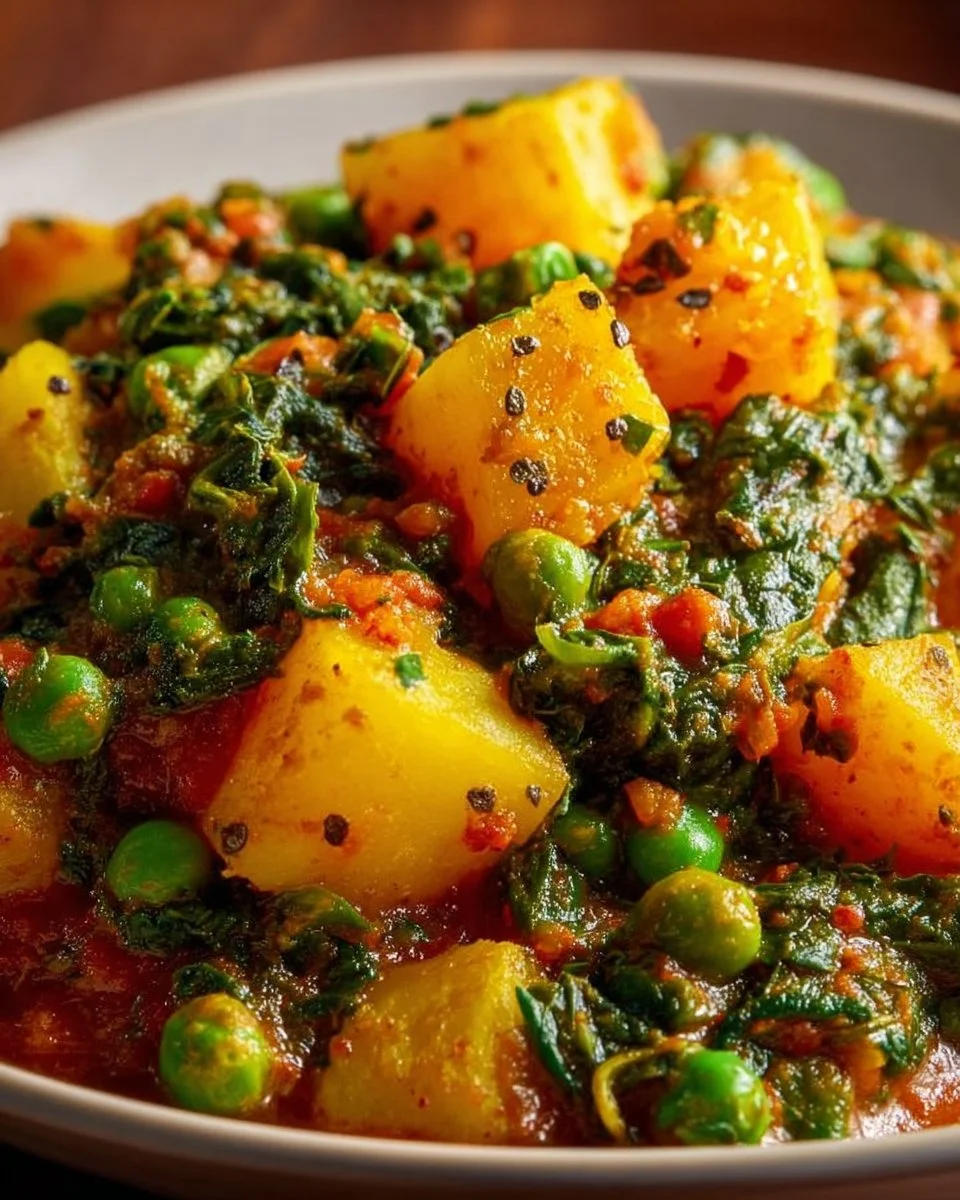 Veganes Kartoffelcurry mit Spinat und Erbsen in einer Schüssel
