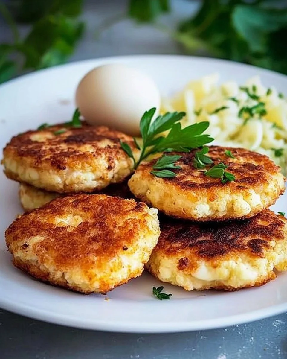 Vegetarische Blumenkohl-Patties auf einem Teller serviert mit frischen Beilagen.