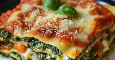 Vegetarische Spinat-Gemüse-Lasagne mit frischem Gemüse und Tomatensoße