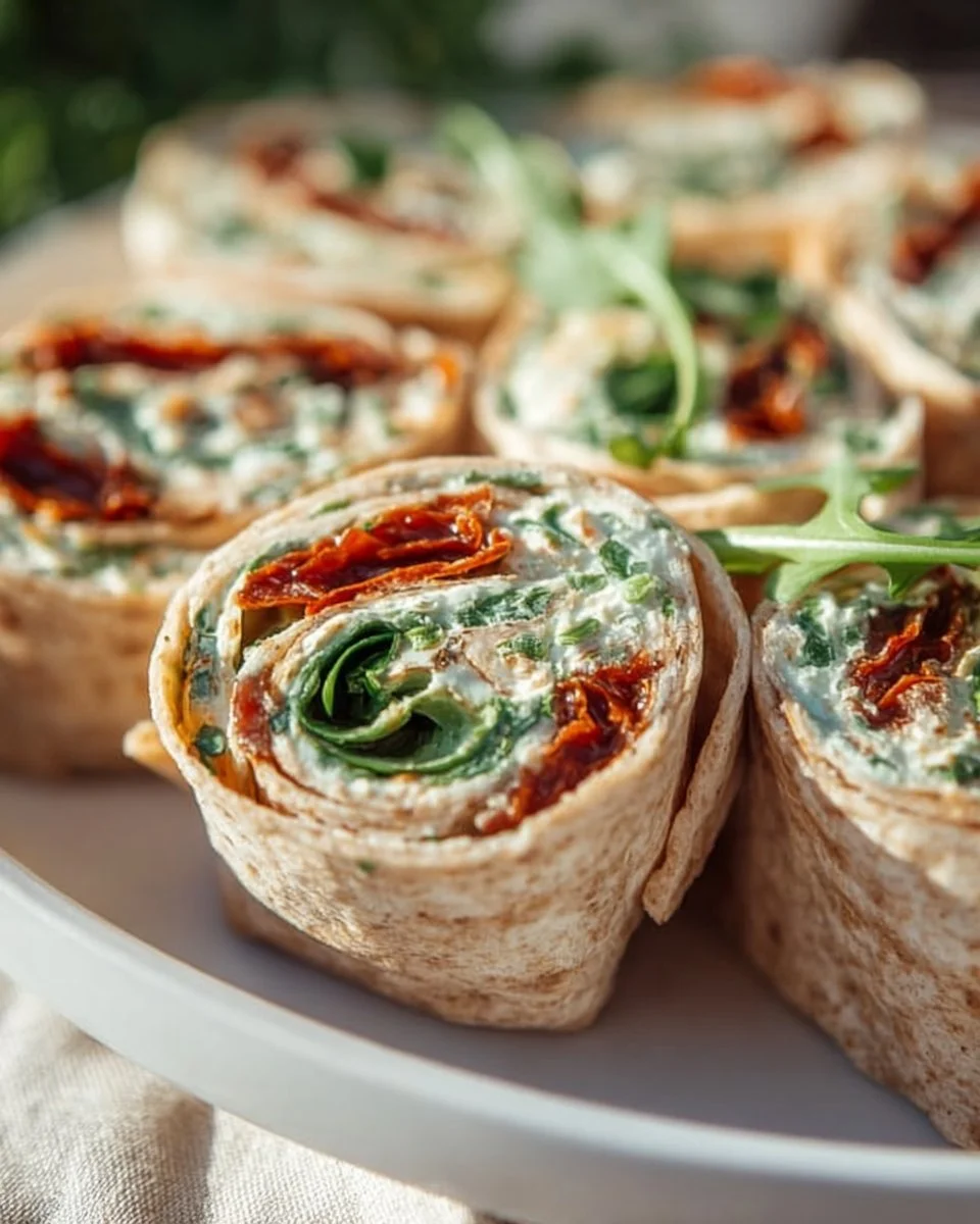 Vegetarische Wrap-Röllchen gefüllt mit Rucola und frischen Tomaten