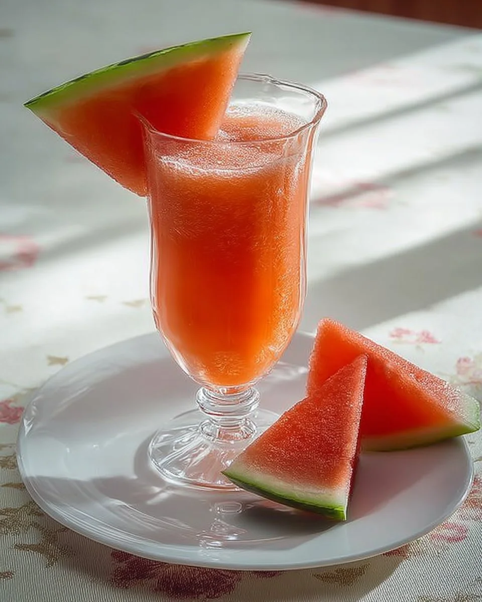 Erfrischendes Wassermelonengetränk in einem Glas mit Wassermelonenstücken.