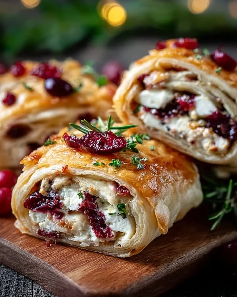 Weihnachts-Cranberry-Feta-Wickel auf einem rustikalen Holzbrett
