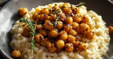 Zitronen-Risotto mit gebratenen Kichererbsen auf einem Teller serviert