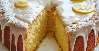 Zitronenkuchen mit Sauerrahm auf einem Tisch, dekoriert mit Zitronenscheiben.