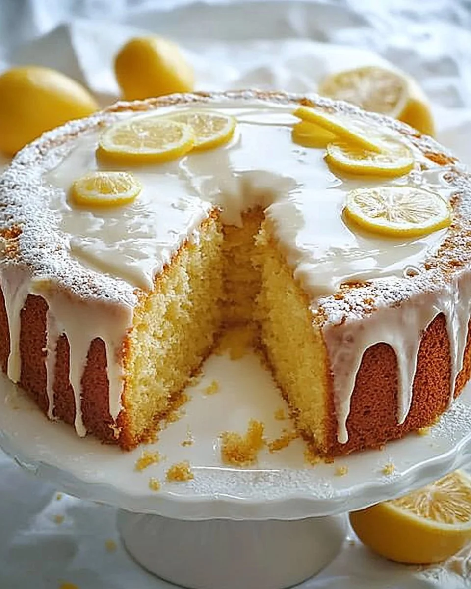 Zitronenkuchen mit Sauerrahm auf einem Tisch, dekoriert mit Zitronenscheiben.
