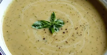 Schüssel mit Zucchini-Cremesuppe, garniert mit frischen Kräutern.