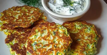 Zucchini-Puffer serviert mit einem Joghurt-Dip auf einem Teller