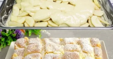 Schneller Apfelkuchen mit Vanillepudding auf einem Teller