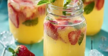 Erfrischende Ananas-Erdbeer-Bowle in einer Glaskaraffe serviert