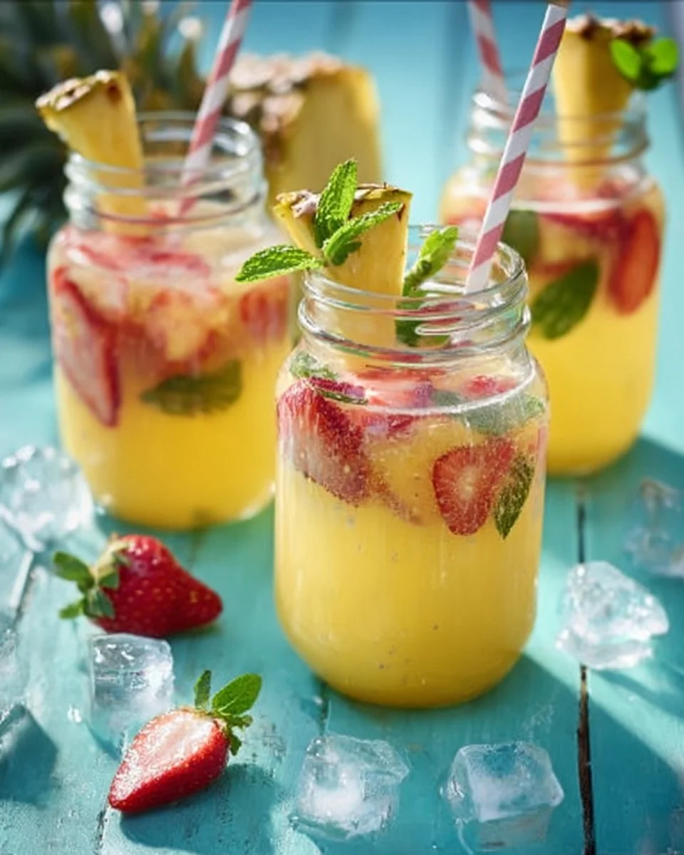 Erfrischende Ananas-Erdbeer-Bowle in einer Glaskaraffe serviert