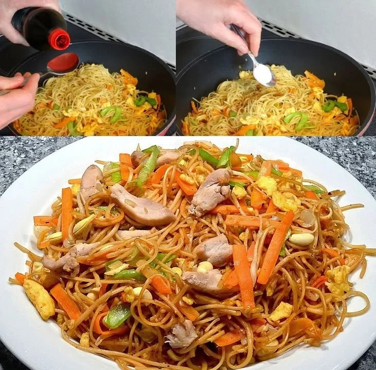 Aromatische chinesische gebratene Nudeln mit Hühnchen und Gemüse.