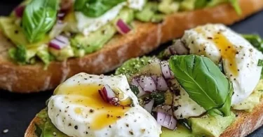 Avocado-Burrata-Bruschetta auf einem Holzbrett präsentiert mit frischen Zutaten.
