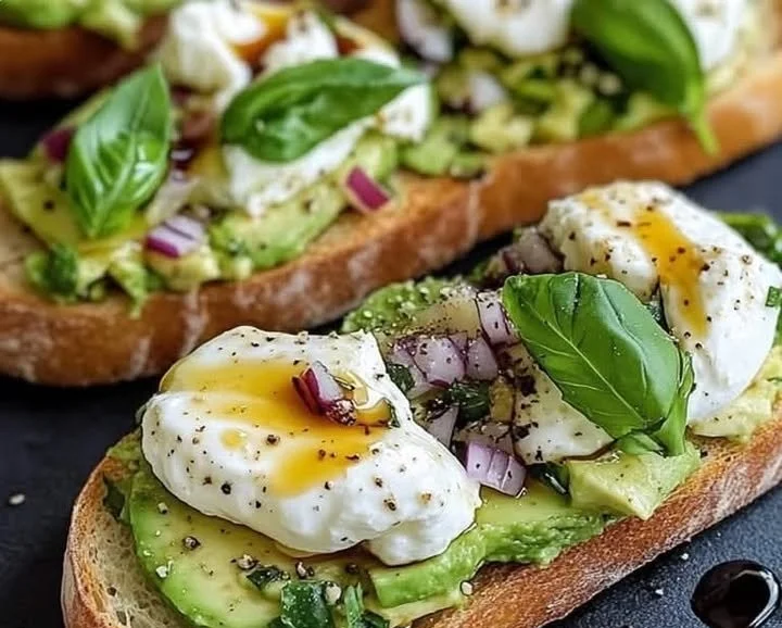 Avocado-Burrata-Bruschetta auf einem Holzbrett präsentiert mit frischen Zutaten.