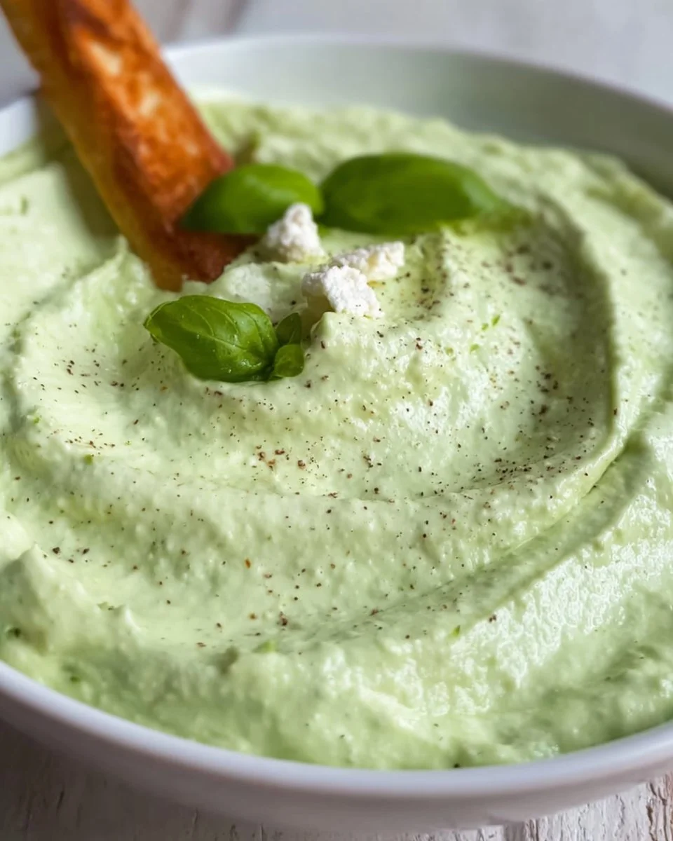 Avocado-Feta-Dip in einer Schale mit frischem Brot und Gemüse
