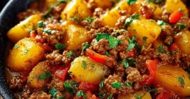 Bauerntopf mit Hackfleisch, Kartoffeln und Paprika in einer Schüssel serviert