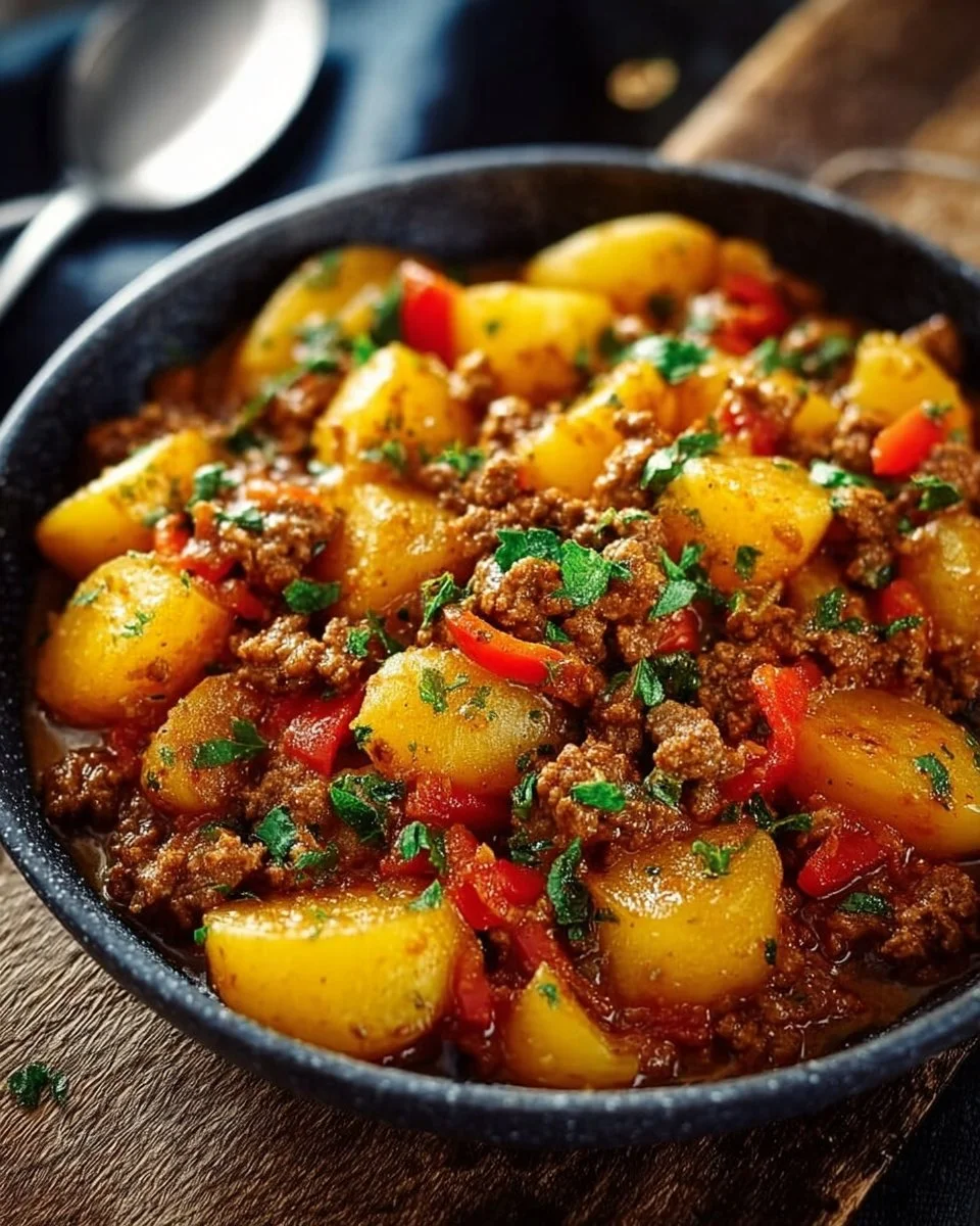 Bauerntopf mit Hackfleisch, Kartoffeln und Paprika in einer Schüssel serviert