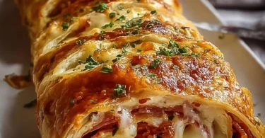 Leckeres Blätterteig-Stromboli gefüllt mit Wurst und Käse auf einem Tisch