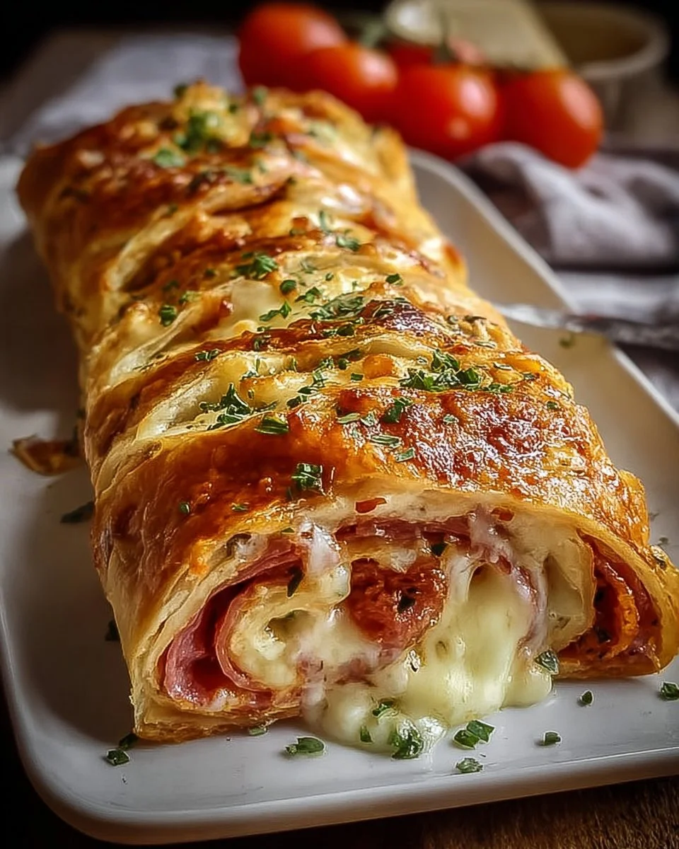 Leckeres Blätterteig-Stromboli gefüllt mit Wurst und Käse auf einem Tisch