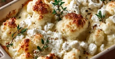 Blumenkohl-Hack-Auflauf mit Feta aus dem Ofen auf einem Teller serviert